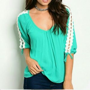 SUMMER SALE Crochet Sleeve TOP, Emerald